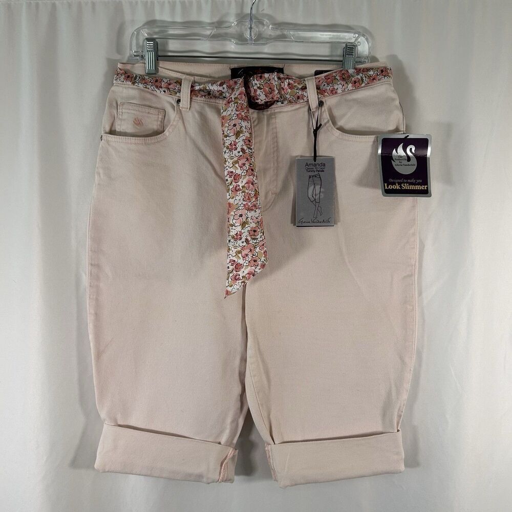 New Gloria Vanderbilt Amanda Capris Women's 12 Light Pink Denim Floral Belt